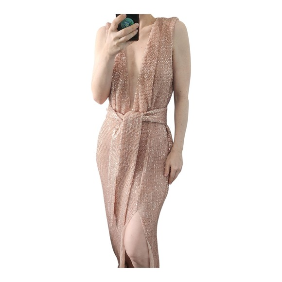 NBD Sequin Dress Rose Gold Sleeveless Party Cocktail Evening Bodycon Midi Chic - Picture 1 of 10